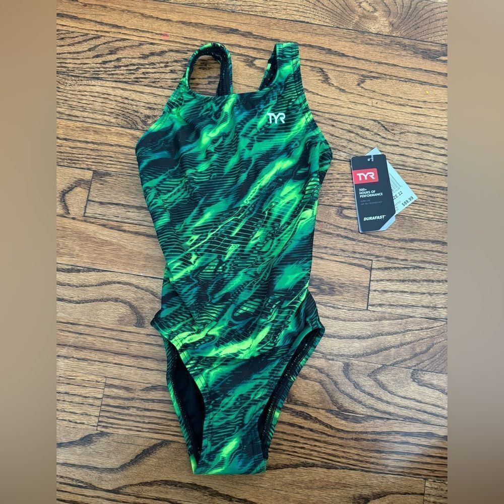 NWT New TYR Racing Swimsuit Durafast Lite Cadence Maxfit Green Black Print 22